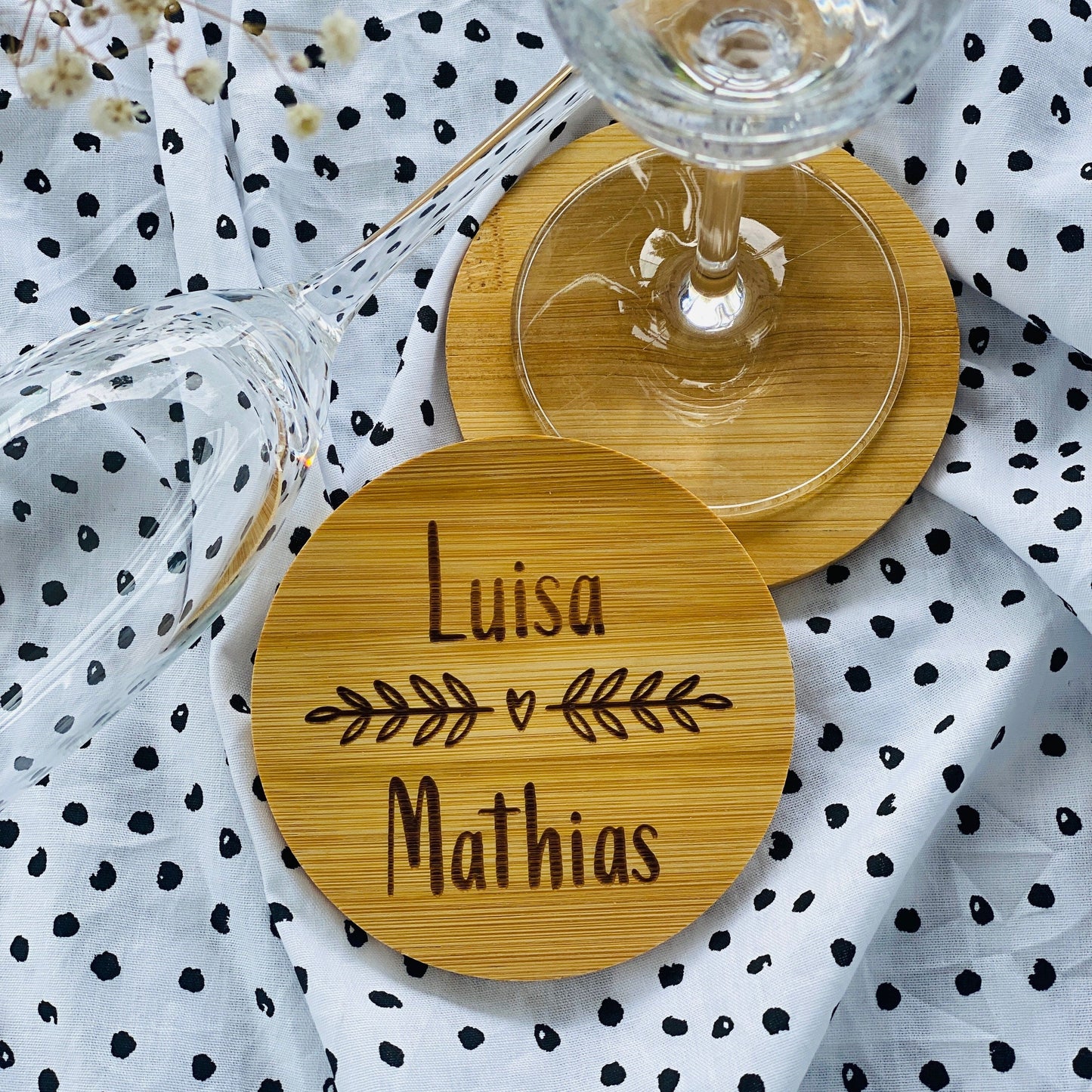 personalisierter Untersetzer aus Bambus | individuelles Geschenk zur Hochzeit oder zum Geburtstag | Jubiläum der Firma