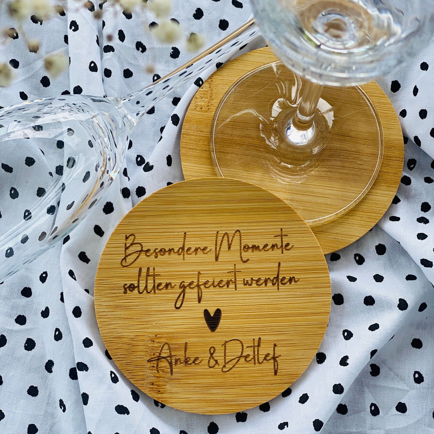 personalisierter Untersetzer aus Bambus | individuelles Geschenk zur Hochzeit oder zum Geburtstag | Jubiläum der Firma