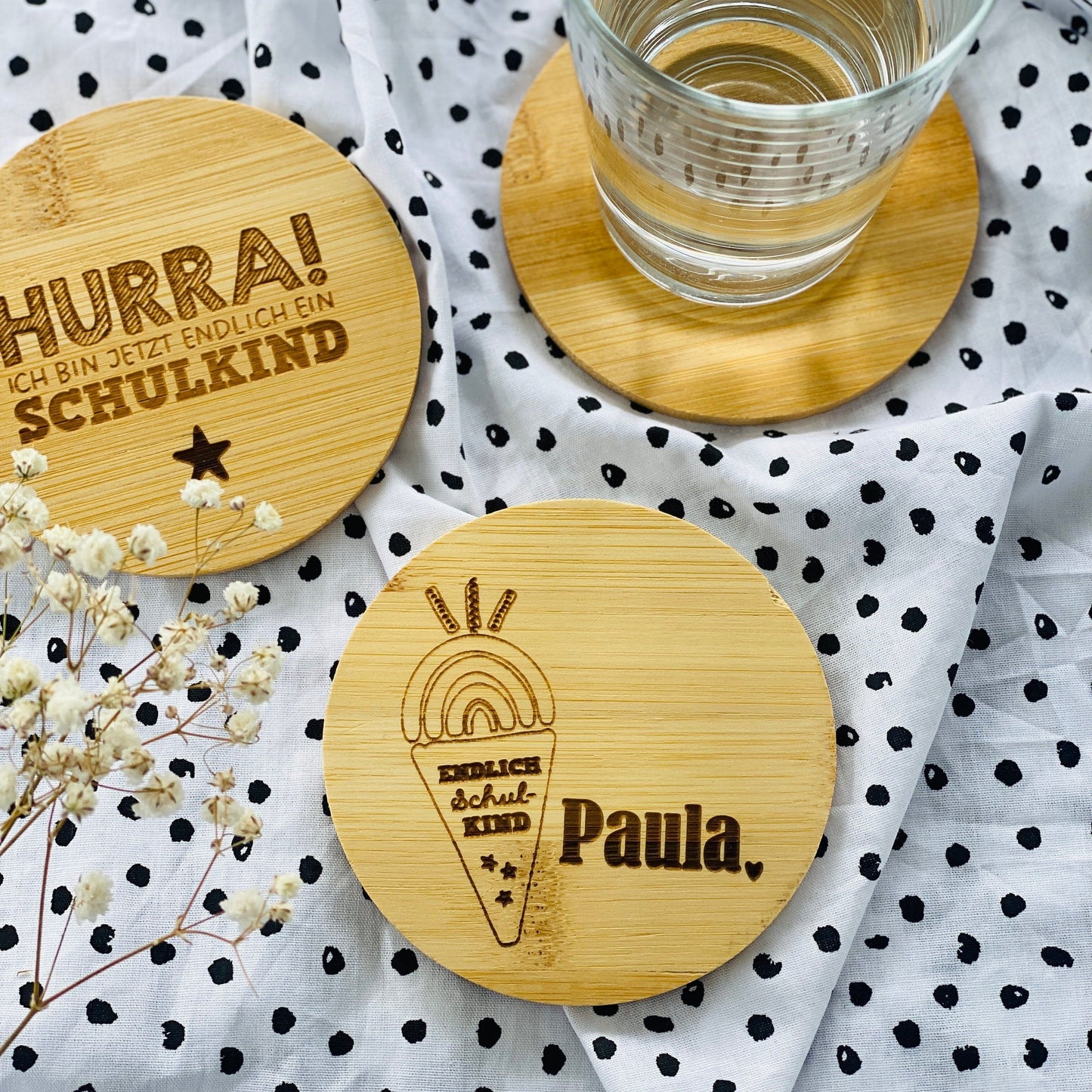 personalisierter Untersetzer aus Bambus | individuelles Geschenk zur Einschulung oder für die Schultüte