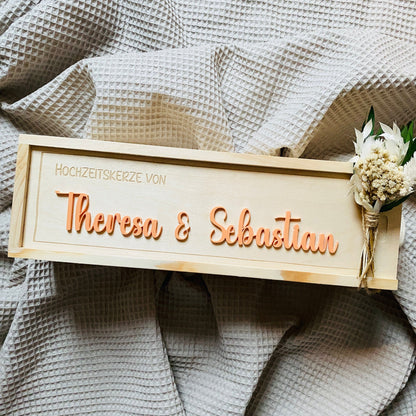 Geschenkbox Hochzeit | Aufbewahrungsbox für Hochzeitskerze | personalisierte Kerzenbox mit Namen | Holzkiste mit Gravur für Hochzeitskerze