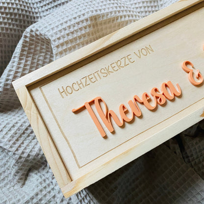 Geschenkbox Hochzeit | Aufbewahrungsbox für Hochzeitskerze | personalisierte Kerzenbox mit Namen | Holzkiste mit Gravur für Hochzeitskerze