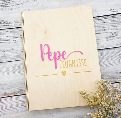 Zeugnismappe personalisiert aus Holz | Geschenk zum Schulstart | Zeugnisordner mit Namen | Einschulungsgeschenk für Mädchen und Jungen