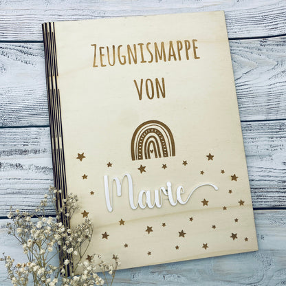 Zeugnismappe personalisiert aus Holz | Geschenk zum Schulstart | Zeugnisordner mit Namen | Einschulungsgeschenk für Mädchen und Jungen