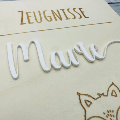 Zeugnismappe personalisiert aus Holz | Geschenk zum Schulstart | Zeugnisordner mit Namen | Einschulungsgeschenk für Mädchen und Jungen