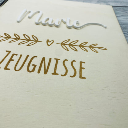 Zeugnismappe personalisiert aus Holz | Geschenk zum Schulstart | Zeugnisordner mit Namen | Einschulungsgeschenk für Mädchen und Jungen