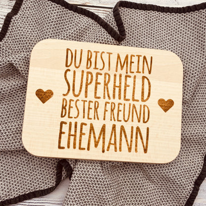 Holzbrett mit Gravur – Geschenk für Ehemann „Du bist mein Superheld, bester Freund“ – personalisiertes Deko-Schild Liebe & Partnerschaft