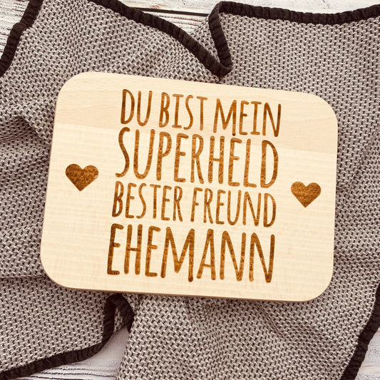 Holzbrett mit Gravur – Geschenk für Ehemann „Du bist mein Superheld, bester Freund“ – personalisiertes Deko-Schild Liebe & Partnerschaft