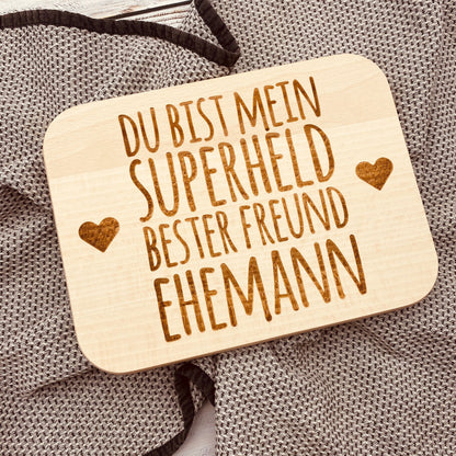 Holzbrett mit Gravur – Geschenk für Ehemann „Du bist mein Superheld, bester Freund“ – personalisiertes Deko-Schild Liebe & Partnerschaft