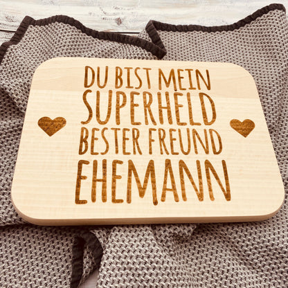 Holzbrett mit Gravur – Geschenk für Ehemann „Du bist mein Superheld, bester Freund“ – personalisiertes Deko-Schild Liebe & Partnerschaft