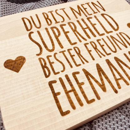 Holzbrett mit Gravur – Geschenk für Ehemann „Du bist mein Superheld, bester Freund“ – personalisiertes Deko-Schild Liebe & Partnerschaft